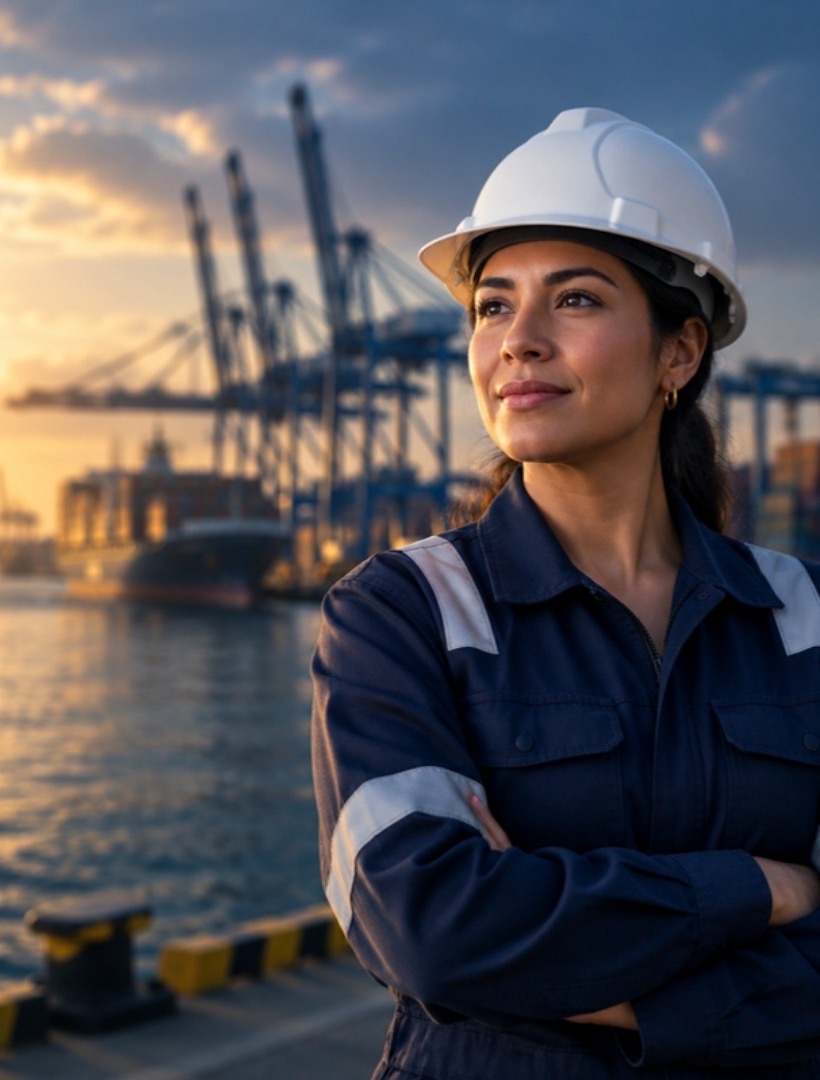 Industrial supervisor in a hard hat at a port terminal